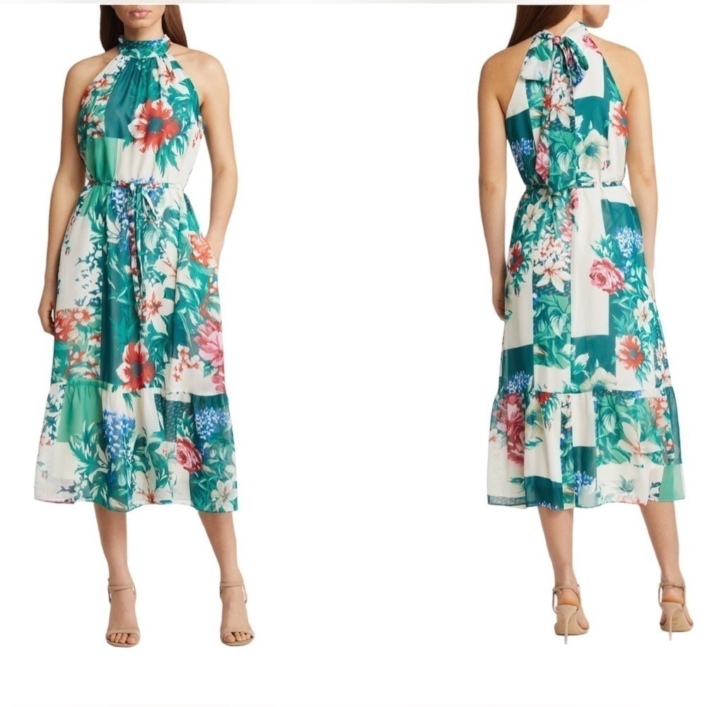 DONNA RICCO NWT Floral Tie Waist Halter Midi Dress Size 4 in Ivory Multi